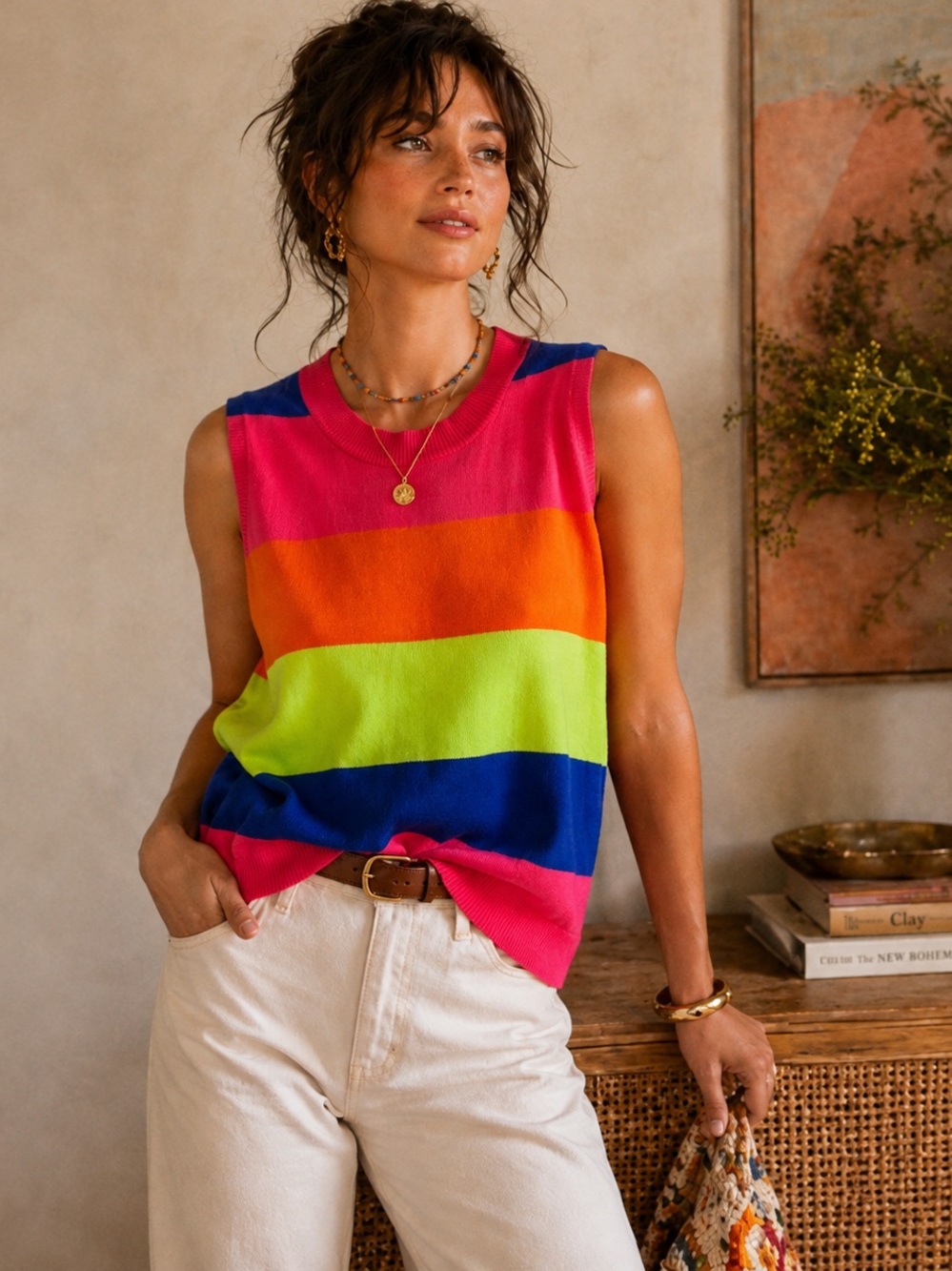 Zaket & Plover Rainbow Stripe Knit Sweater Vest XS Oversized